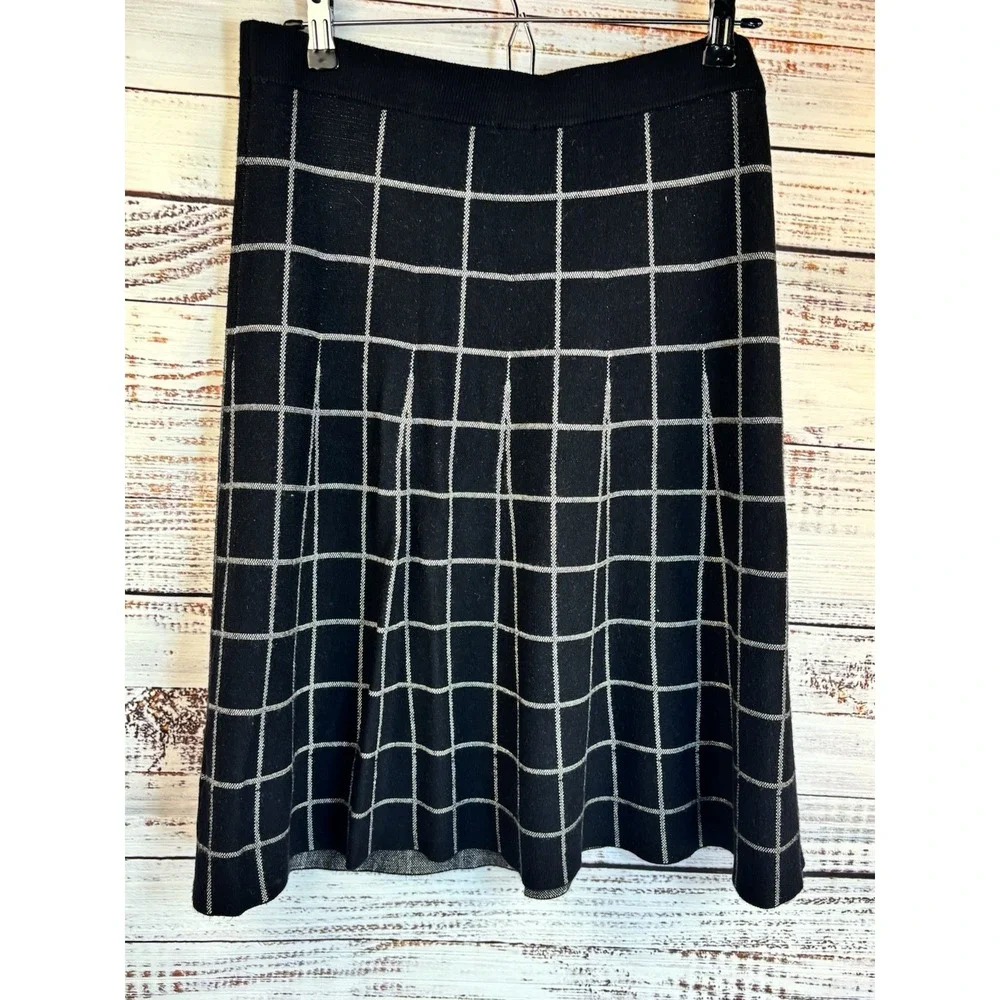 Jules and Leopold Knit Skirt L Shadow Pleats Black Check A-Line Academia Preppy